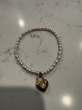 COACH Pearl Beaded Bracelet with Gold Heart Lock Charm